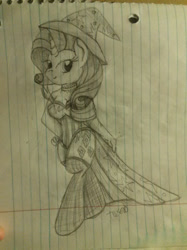 Size: 1280x1707 | Tagged: safe, artist:tuxedo, rarity, anthro, clothes, dress, lined paper, monochrome, solo, stockings, traditional art, trixie's hat