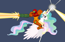 Size: 3323x2152 | Tagged: artist needed, safe, princess celestia, alicorn, pony, coolest shit ever, crossover, humans riding ponies, metroid, riding, samus aran