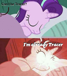 Size: 1080x1220 | Tagged: safe, edit, edited screencap, editor:apex soundwave, screencap, starlight glimmer, pony, unicorn, awakening, bed, caption, crossing the memes, deep fried meme, discovery family logo, duo, female, glowing eyes, glowing eyes meme, i'm already tracer, image macro, mare, meme, no mercy, offscreen character, overwatch, sleeping, solo, song reference, text, tracer, woke