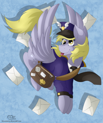 Size: 1609x1920 | Tagged: safe, artist:missydakota, derpy hooves, pegasus, pony, female, flying, letter, mailbag, mailmare, mare, solo, tongue out