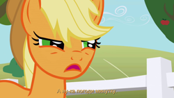 Size: 1280x720 | Tagged: safe, screencap, applejack, earth pony, pony, the ticket master, disapproval, frame, solo, subtitles, suspicious, worried