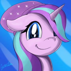 Size: 894x894 | Tagged: safe, artist:theunconsistentone, starlight glimmer, pony, unicorn, beanie, blue background, female, hat, looking at you, mare, simple background, smiling