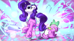 Size: 4610x2593 | Tagged: safe, artist:sverre93, rarity, spike, dragon, pony, unicorn, clothes, socks, striped socks