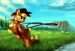 Size: 1600x1088 | Tagged: safe, artist:zilvart, applejack, earth pony, pony, grass, jumping, lasso, mouth hold, scenery, solo, water