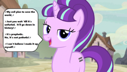 Size: 1258x720 | Tagged: safe, edit, edited screencap, screencap, starlight glimmer, pony, unicorn, season 5, the cutie map, bangs, cloud, cottage, equality mark, five iron frenzy, lyrics, music notes, my evil plan to save the world, open mouth, s5 starlight, singing, solo, song reference, speech bubble, starlight's village, text