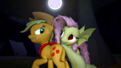 Size: 1920x1080 | Tagged: safe, artist:synistersnuggles, applejack, fluttershy, bat pony, pony, 3d, flutterbat, gmod