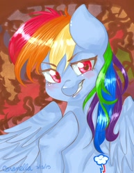 Size: 1275x1650 | Tagged: safe, artist:caranella, derpibooru import, rainbow dash, pegasus, pony, backwards cutie mark, bust, portrait, solo