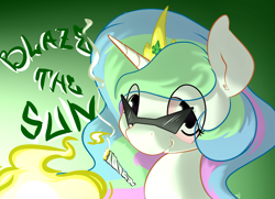 Size: 1486x1074 | Tagged: safe, artist:krucification, princess celestia, alicorn, pony, 420, 420 blaze it, blunt, drugs, graffiti, marijuana, red eyes, solo, sun, sunglasses