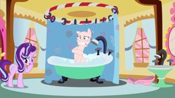 Size: 2909x1642 | Tagged: safe, artist:charli3brav0, artist:pilot231, artist:porygon2z, edit, editor:slayerbvc, pinkie pie, starlight glimmer, earth pony, pony, unicorn, bath, bathing, bathroom, bathtub, bipedal, blushing, clothes, costume, covering, embarrassed, embarrassed nude exposure, female, furless, furless edit, looking away, mare, naked rarity, nude edit, nudity, pinkie being pinkie, pinkie pie suit, pinkie pie's bathroom, pony costume, ponysuit, raised hoof, shaved tail, shower curtain, unzipped, wide eyes