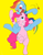 Size: 1340x1716 | Tagged: safe, artist:baigak, derpibooru import, pinkie pie, rainbow dash, earth pony, pegasus, pony, belly button, bipedal, carrying, one eye closed, piggyback ride, red eyes, simple background, unamused, wink, yellow background