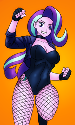 Size: 1000x1667 | Tagged: safe, artist:johnjoseco, color edit, colorist:ironhades, edit, starlight glimmer, equestria girls, black canary, breasts, clothes, colored, costume, equestria girls-ified, female, fishnet pantyhose, gradient background, jacket, leotard, orange background, simple background, solo