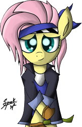 Size: 552x852 | Tagged: safe, artist:zsparkonequus, fluttershy, pegasus, pony, alternate hairstyle, bipedal, clothes, crossover, final fantasy, final fantasy vi, locke cole, simple background, solo, transparent background