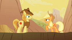 Size: 1366x768 | Tagged: safe, screencap, applejack, braeburn, earth pony, pony, over a barrel, female, mare