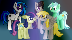 Size: 1280x720 | Tagged: safe, artist:jbond, bon bon, derpy hooves, dj pon-3, lyra heartstrings, octavia melody, sweetie drops, vinyl scratch, earth pony, pegasus, pony, background five, female, mare