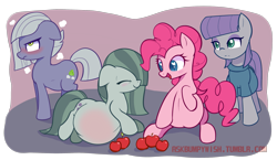 Size: 2545x1477 | Tagged: safe, artist:bumpywish, limestone pie, marble pie, maud pie, pinkie pie, earth pony, pony, hearthbreakers, apple, belly, big belly, blushing, cute, explicit source, female, heart eyes, mare, pie sisters, preggy pie, pregnant, pregnant limestone, wingding eyes