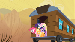 Size: 1366x768 | Tagged: safe, screencap, applejack, fluttershy, pinkie pie, rarity, twilight sparkle, earth pony, pegasus, pony, unicorn, over a barrel, desert