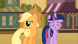 Size: 1366x768 | Tagged: safe, screencap, applejack, twilight sparkle, earth pony, pony, over a barrel, female, mare