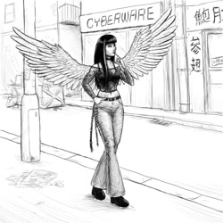 Size: 894x894 | Tagged: safe, artist:zmok, derpibooru import, twilight sparkle, twilight sparkle (alicorn), alicorn, human, black and white, clothes, fishnet stockings, grayscale, humanized, japanese, shadowrun, solo, street, winged humanization