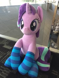 Size: 1536x2048 | Tagged: safe, artist:nekokevin, starlight glimmer, pony, unicorn, series:nekokevin's glimmy, clothes, female, irl, life size, mare, photo, plushie, sitting, smiling, socks, solo, striped socks