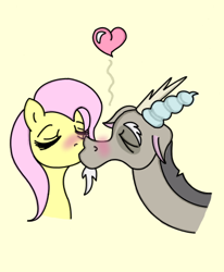 Size: 386x469 | Tagged: safe, artist:oasis-image, discord, fluttershy, pegasus, pony, blushing, discoshy, female, kissing, male, shipping, straight