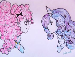 Size: 3128x2346 | Tagged: safe, artist:aknaid, pinkie pie, rarity, human, eye contact, horned humanization, humanized, profile, traditional art