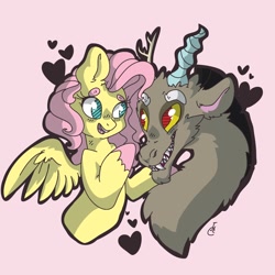 Size: 1024x1024 | Tagged: safe, artist:pegsie-art, discord, fluttershy, pegasus, pony, discoshy, ear fluff, female, heart, male, shipping, straight, unshorn fetlocks