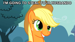 Size: 1037x583 | Tagged: safe, screencap, applejack, earth pony, pony, simple ways, husbando, husbando thief, image macro, solo