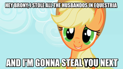 Size: 800x450 | Tagged: safe, screencap, applejack, earth pony, pony, simple ways, husbando, husbando thief, image macro, solo