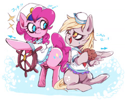 Size: 1290x1056 | Tagged: safe, artist:setoya, derpy hooves, pinkie pie, earth pony, pegasus, pony, female, food, mare, muffin, pixiv, pointing, sailor, wheel