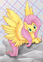 Size: 1748x2480 | Tagged: safe, artist:sugarcubecake, fluttershy, pegasus, pony, smiling, solo, spread wings