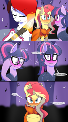 Size: 1080x1920 | Tagged: safe, artist:jase1505, sci-twi, sunset shimmer, twilight sparkle, oc, pony, unicorn, comic:night at the gala, series:sunlight horizons, equestria girls, blushing, blushing profusely, clothes, comic, dress, eyes closed, female, gala dress, glasses, grand galloping gala, guitar, lesbian, magic, music notes, scitwishimmer, shipping, smiling, sunsetsparkle, unicorn sci-twi, wavy mouth