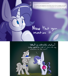 Size: 1000x1104 | Tagged: safe, artist:heir-of-rick, doctor whooves, rarity, crystal pony, pony, animated in description, clarity, comic, golem, miss pie's monsters, saddle bag, species swap, statue, tumblr, weeping angel