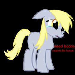 Size: 563x556 | Tagged: safe, derpibooru exclusive, derpy hooves, pegasus, pony, black background, crying, dialogue, female, floppy ears, frown, mare, missing cutie mark, open mouth, sad, simple background, solo, wingless