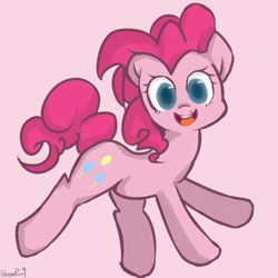 Size: 1000x1000 | Tagged: dead source, safe, artist:berseepon09, pinkie pie, earth pony, pony, cute, diapinkes, looking at you, open mouth, pink background, pixiv, simple background, solo