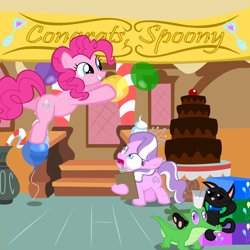 Size: 1950x1950 | Tagged: safe, artist:magerblutooth, diamond tiara, gummy, pinkie pie, oc, oc:dazzle, cat, earth pony, pony