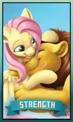 Size: 901x1498 | Tagged: safe, artist:pixel-prism, fluttershy, big cat, lion, pegasus, pony, animal, hug, simple background, smiling, solo, tarot