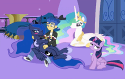 Size: 800x507 | Tagged: safe, artist:ponymaan, flash sentry, princess celestia, princess luna, twilight sparkle, twilight sparkle (alicorn), alicorn, equestria girls, animated, ashamed, bellyrubs, blinking, blushing, crossed hooves, cute, embarrassed, flash sentry gets all the mares, frown, glare, grumpy, jealous, lunabetes, lunasentry, on back, petting, prone, sitting, smiling, tail flick, tail wag, tsundere, tsunderuna, twilight is not amused, unamused