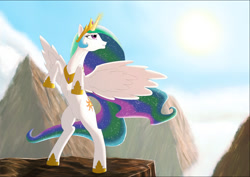 Size: 1023x726 | Tagged: safe, artist:casparraillen, princess celestia, alicorn, pony, magic, mountain, rearing, solo, spread wings, sunrise