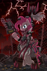 Size: 3000x4500 | Tagged: safe, artist:template93, pinkie pie, earth pony, pony, semi-anthro, apocalypse, armor, badass, bipedal, chainsaw, city, claws, crossover, destruction, fence, fire, gun, iron gob, lightning, ork, power klaw, solo, speedpaint, standing, time lapse, warhammer (game), warhammer 40k, xk-class end-of-the-world scenario