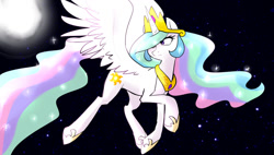 Size: 1024x580 | Tagged: safe, artist:sacred-hedge, princess celestia, alicorn, pony, flying, moon, solo, stars