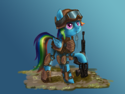 Size: 2753x2065 | Tagged: safe, artist:helmie-art, derpibooru import, rainbow dash, pegasus, pony, assault rifle, body armor, clothes, dog tags, female, goggles, gun, mare, rifle, solo, weapon