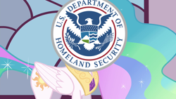 Size: 1280x720 | Tagged: safe, edit, princess celestia, alicorn, eagle, pony, seal, twilight's kingdom, arrow, department of homeland security, fema, female, mare, olive branch, solo, sparkles, standing, us department of homeland security, wat