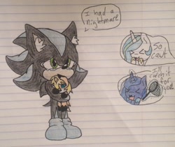 Size: 2032x1716 | Tagged: safe, artist:shadayloronic, princess celestia, princess luna, oc, oc:autumn, alicorn, pony, crossover, lined paper, mephiles the dark, plushie, sonic the hedgehog (series), traditional art, younger
