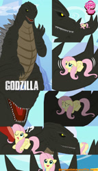 Size: 800x1399 | Tagged: safe, artist:mayozilla, fluttershy, kaiju, pegasus, pony, comic, crossover, crying, godzilla, godzilla (series), godzilla 2014, godzillashy, licking, tongue out