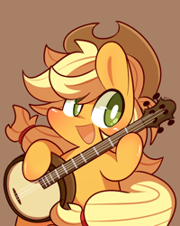 Size: 800x1000 | Tagged: safe, artist:php56, applejack, earth pony, pony, banjo, bipedal, cute, female, hat, jackabetes, mare, musical instrument, open mouth, simple background, solo