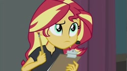 Size: 1280x720 | Tagged: safe, screencap, sunset shimmer, all the world's off stage, better together, equestria girls, director shimmer, female, pencil, serious, solo, theater