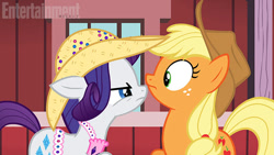 Size: 612x344 | Tagged: safe, screencap, applejack, rarity, earth pony, pony, unicorn, simple ways, angry, cowboy hat, eye contact, floppy ears, frown, glare, hat, rhinestone rarihick, stetson, wide eyes