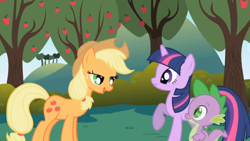 Size: 1366x768 | Tagged: safe, screencap, applejack, spike, twilight sparkle, dragon, earth pony, pony, lidded eyes, out of context