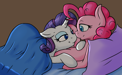 Size: 2438x1493 | Tagged: safe, artist:fearingfun, derpibooru import, pinkie pie, rarity, earth pony, pony, unicorn, bed, bedroom eyes, cute, diapinkes, female, lesbian, looking at each other, mare, raribetes, raripie, shipping, sleepover, smiling