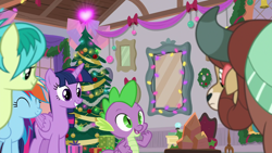 Size: 1920x1080 | Tagged: safe, derpibooru import, screencap, rainbow dash, sandbar, spike, twilight sparkle, twilight sparkle (alicorn), yona, alicorn, dragon, pegasus, pony, yak, the hearth's warming club, christmas, christmas tree, fire of friendship, hearth's warming tree, holiday, mirror, tree, winged spike